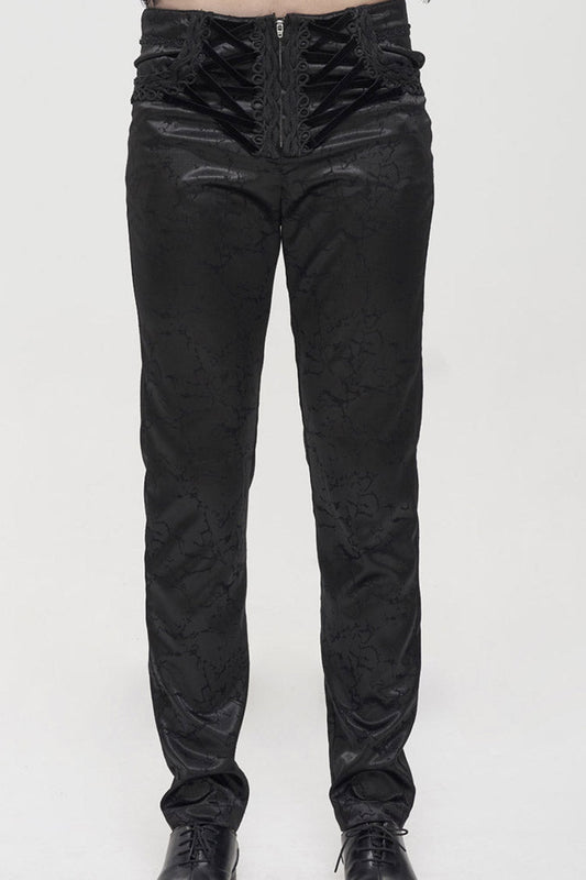 Black Gothic Glossy Pattern Drawstring Lace Decoration Men's Pants