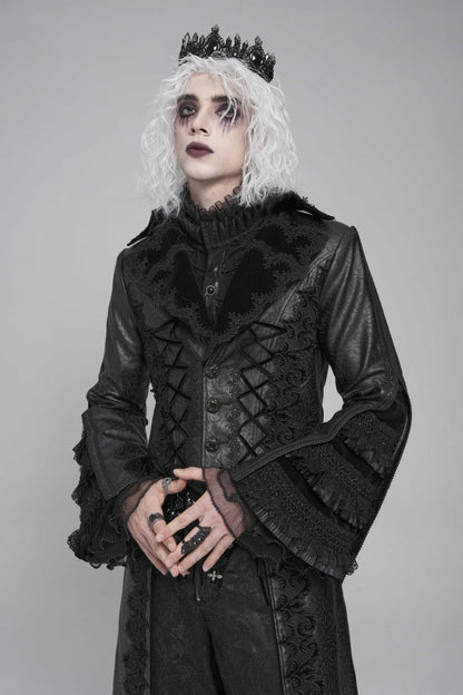 Black Long Trumpet Sleeves Floral Crochet Embroidery Lace-Up Men's Gothic Coat