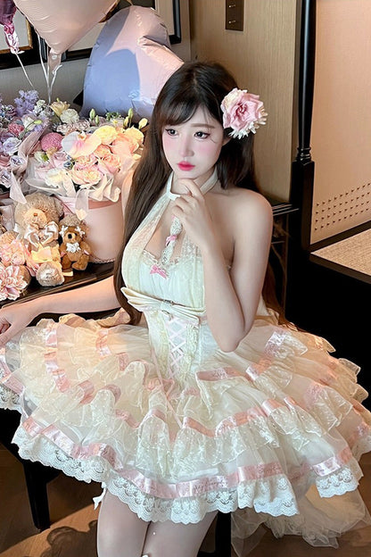 Beige [Ballet Dream] Halterneck Triple-Layered Ruffle Bowknot Lace-Up Sweet Princess Lolita Dress