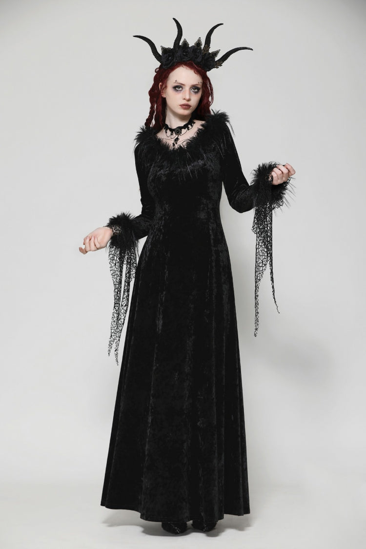 Black Long Sleeves Velvet Lace Women's Gothic Maxi Dress Wedding Dress