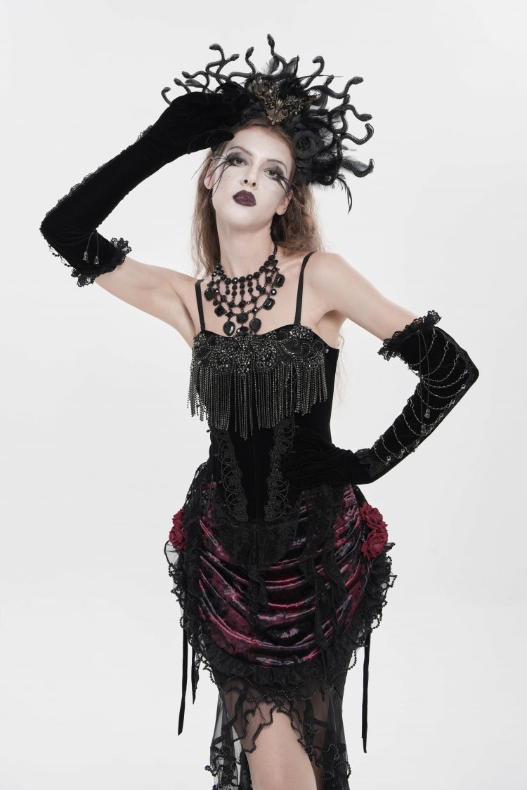 Black Lace-Up Women's Gothic Embroidered Tassels  Overbust Corset
