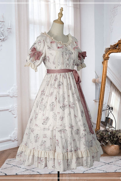 Beige Round Collar Short Sleeves Flower Print High Waist Sweet Lolita OP Dress