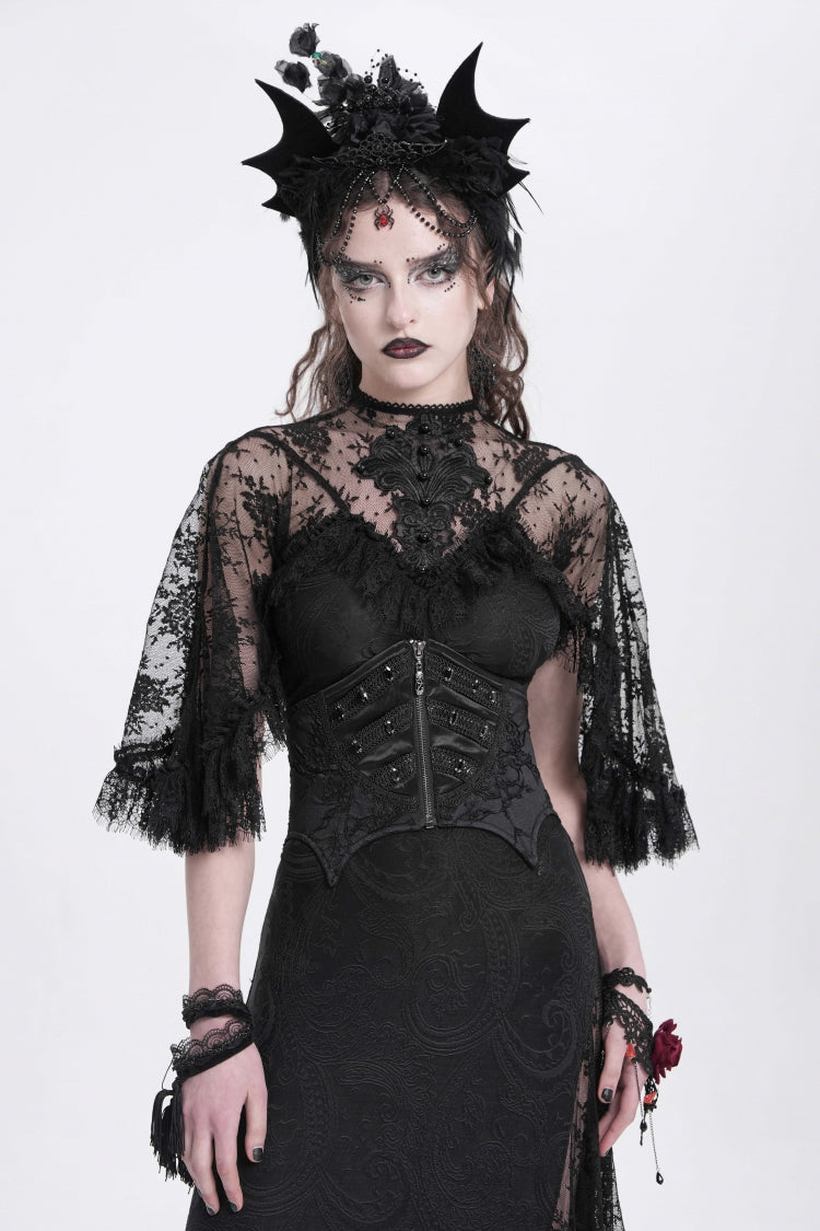 Black Batwing Beaded Lace-Up Zipper Women's Underbust Corset