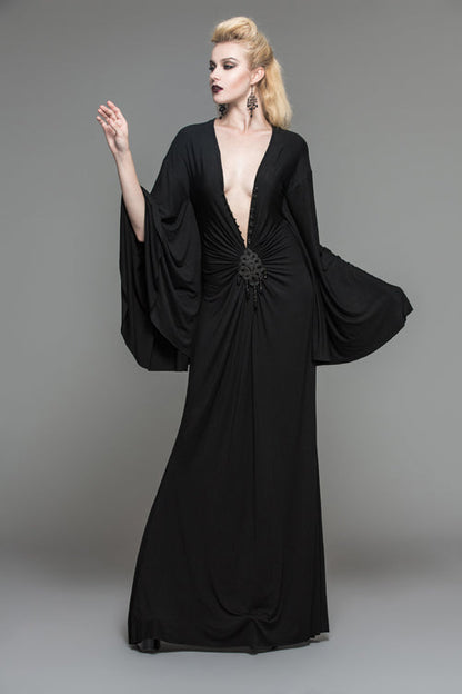 Black Frog Button Sexy Bat Sleeve Deep V Neck Gothic Womens Dress