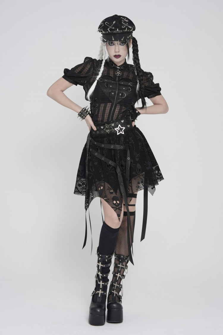 Black Double-Layered Lace Lace-Up Irregular Mesh Eyelet Women's Punk Skirt