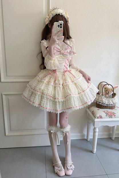 Apricot [Song of Floral Letters] Sleeveless Triple-Layered Bowknot Lace-Up Sweet Lolita Jsk Dress