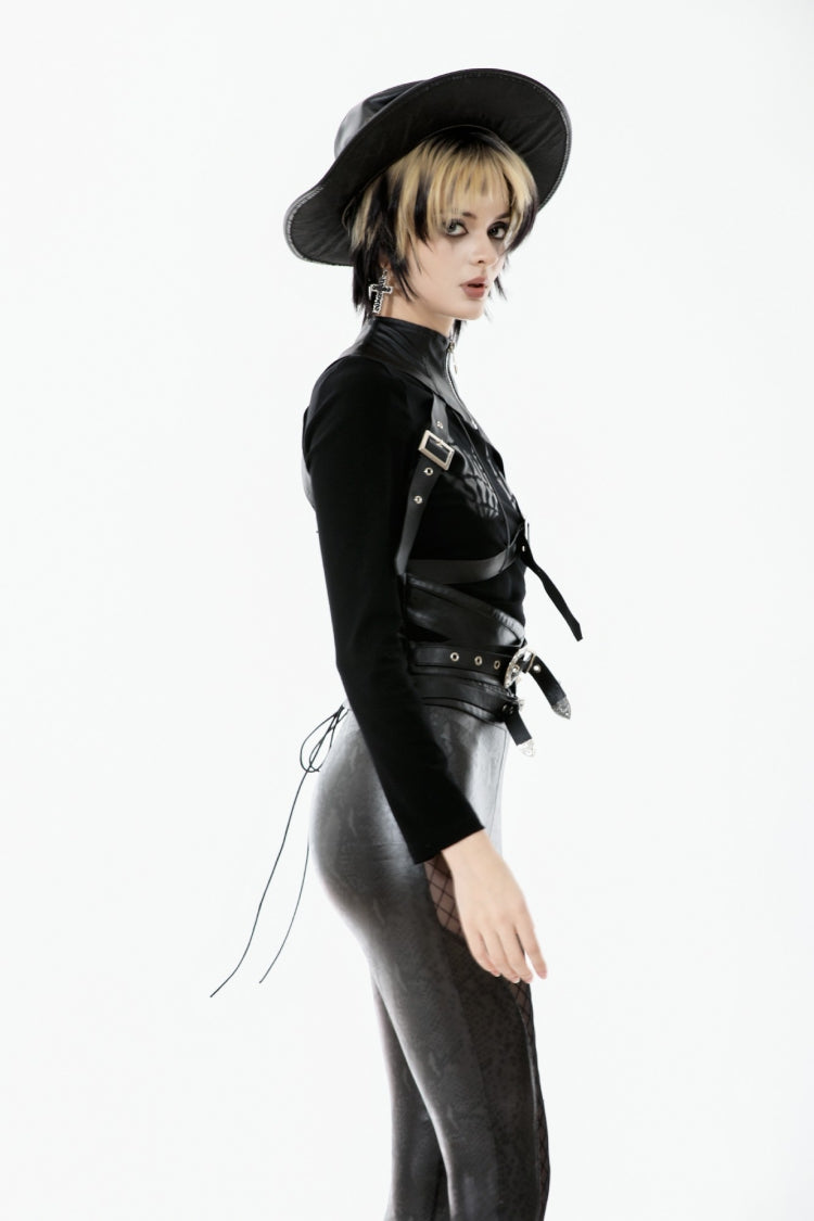 Black Cut-Out Asymmetric Buckled Zippered Women's Punk Cape