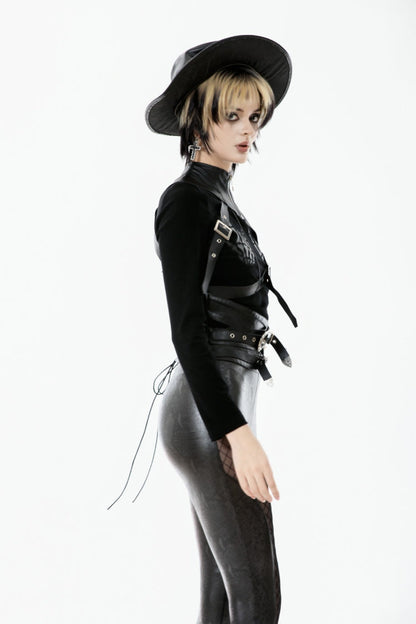 Black Cut-Out Asymmetric Buckled Zippered Women's Punk Cape
