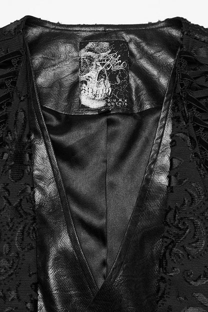 Black Long Sleeves V Collar Floral Embroidery Men's Gothic Vest