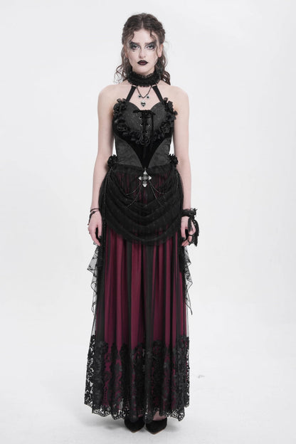 Black Halterneck Sleeveless Embroidery Stitching Rose Heart Lace Women's Gothic Blouse