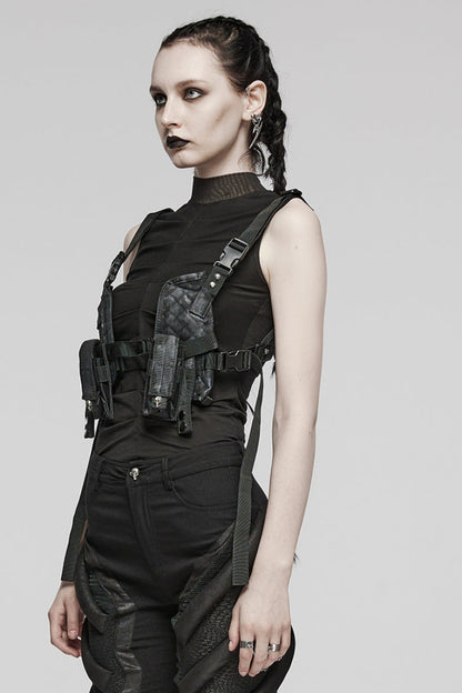 Black Military Style Skull Women's Steampunk Harness with Detachable Pockets