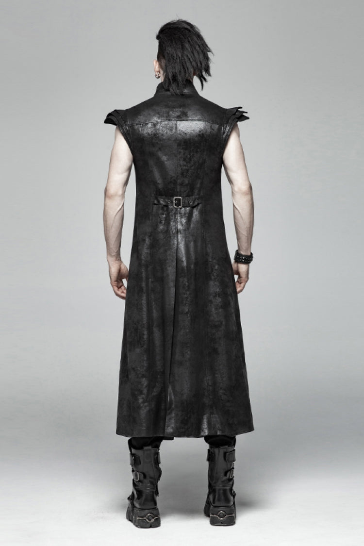 Black Angel's Wings Faux Leather Stand Collar Sleeveless Men's Gothic Vintage Maxi Vest