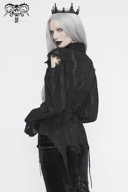 Black Front Chest Webbing Appliques Hollow-Out Lantern Sleeve Flare Cuff Back Waist Lace Up Women's Gothic Blouse