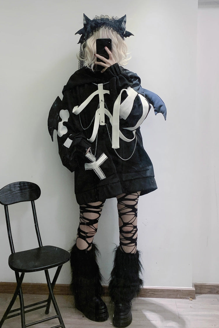 Black Devil Wings Long Sleeves Yabi Chain Bones Hooded Gothic Jirai Kei Coat