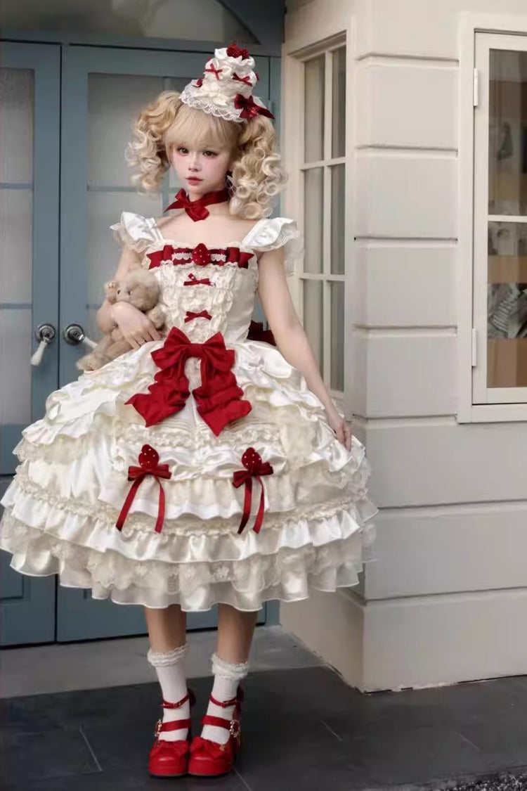 Apricot [Berry Endless] Square Collar Sleeveless Multi-Layered Ruffled Embroidered Bow Lace Sweet Lolita Jsk Dress