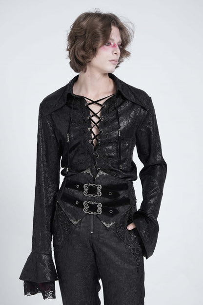 Black Long Trumpet Sleeves Lace-Up Men's Gothic Swallow-tailed Blouse