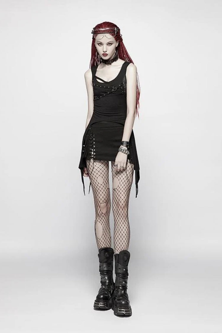 Black Metal Buckle Irregular Hem Women's Punk Vest