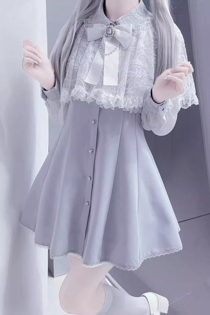 Aqua Shawl Lace Chiffon Long Sleeves Lace Slim Jirai Kei Dress