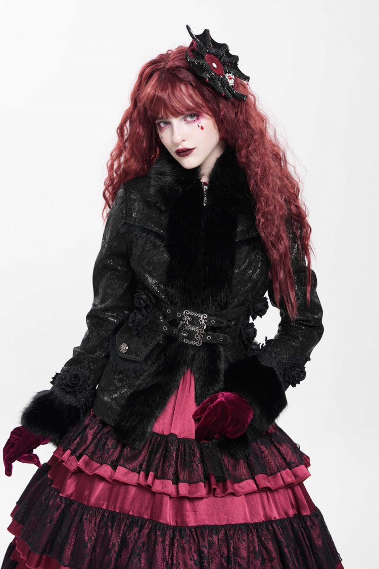 Black Long Sleeves Rose Floral Embroidery Buckle Straps Women's Gothic Coat