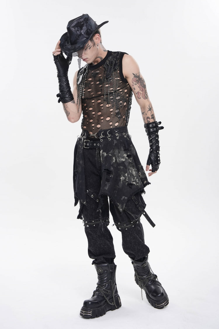 Black Irregular Ripped Buckled Pleated Chain-Decorated Men's Punk Skirt