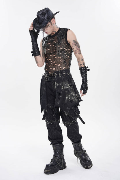 Black Irregular Ripped Buckled Pleated Chain-Decorated Men's Punk Skirt