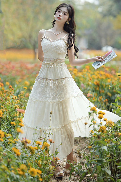 Apricot Bohemian Style Sleeveless Ruffled Embroidered Sweet Lolita Skirt Set
