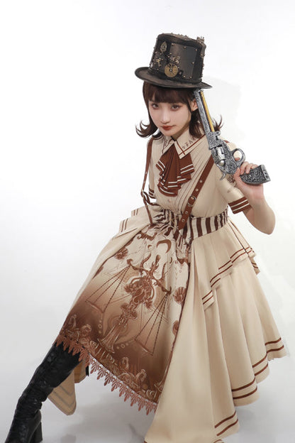 Beige British Style Short Sleeves Libra Print Cardigan Sweet Lolita Dress