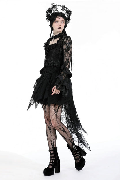 Black Multi-Layered Long Trumpet Sleeves Lace Lace-Up Women's Gothic Top