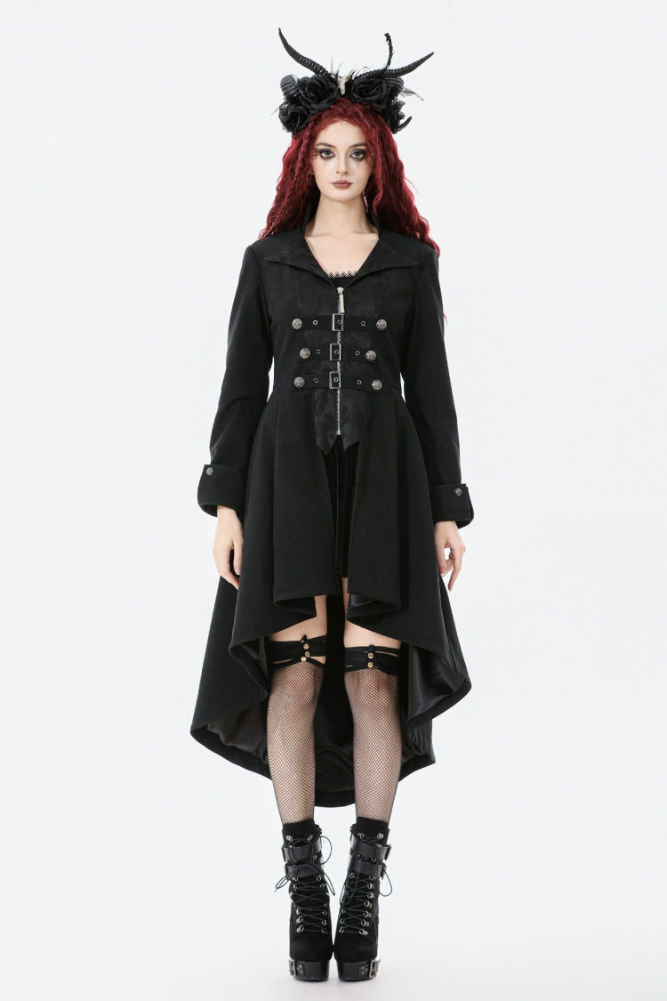 Black Lapel Collar Long Sleeves Lace-Up Irregular Bouble-breasted Buckle-up Women's Gothic Coat