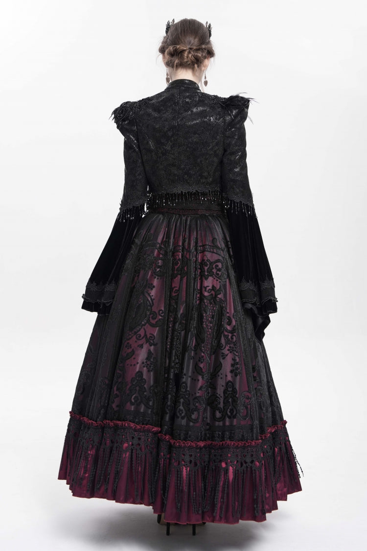Black Long Sleeves Floral Embroidery Women's Gothic Beaded Frog Short Jacket