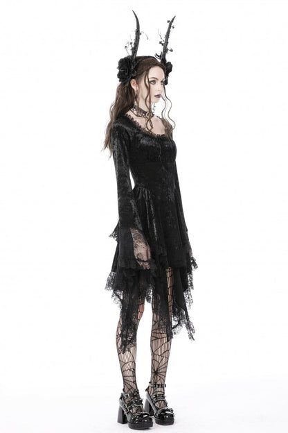 Black Irregular Long Trumpet Sleeves Lace Spliced Women's Gothic Velvet Graduation Dress