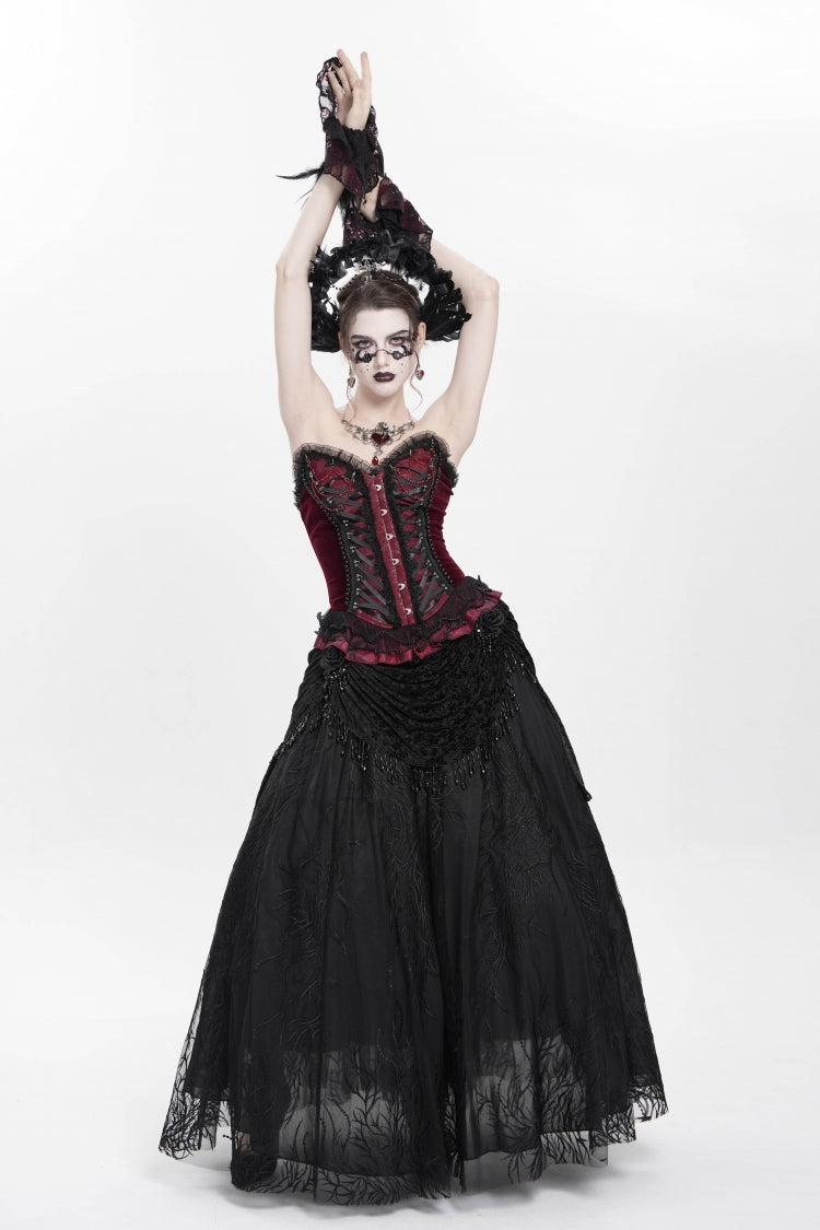 Black Floral Embroidered Beaded Women's Gothic Long Skirt