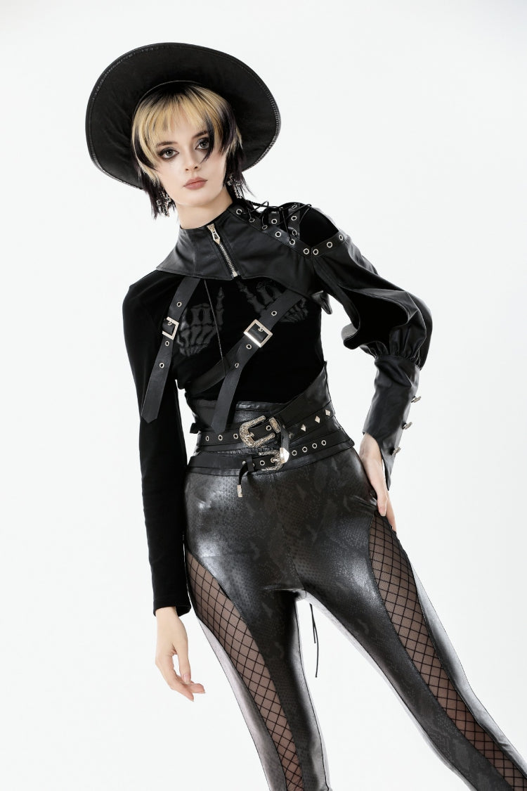 Black Cut-Out Asymmetric Buckled Zippered Women's Punk Cape