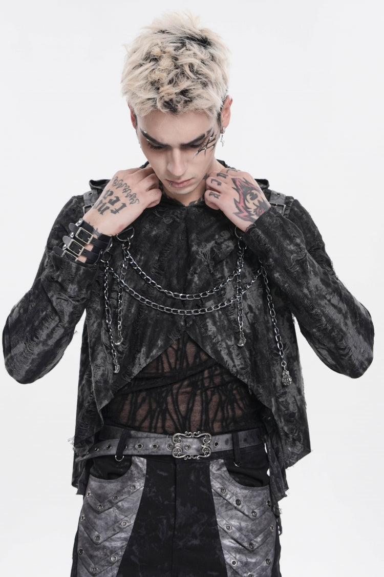 Black Long Sleeves Spliced Hooded Mesh Ripped Faux Two-Piece Zippered Eyelet Men's Punk T-Shirt
