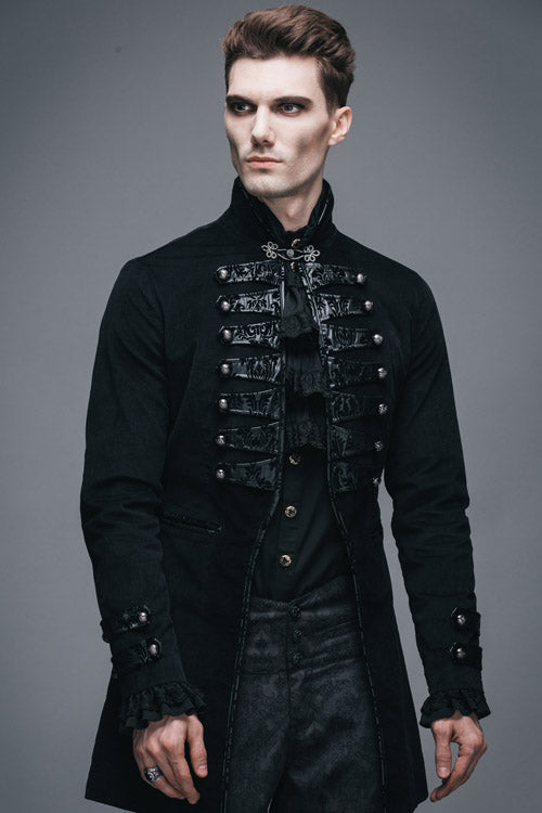 Black Fake Two Pieces Embroidered Turn Down Collar Long Sleeves Velvet Mens Gothic Coat