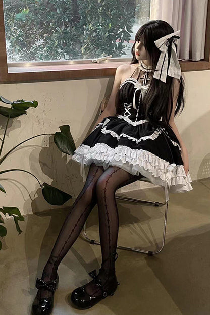 Black Cross Halterneck Ruffle Bowknot Lace Lace-Up Princess Gothic Lolita Dress
