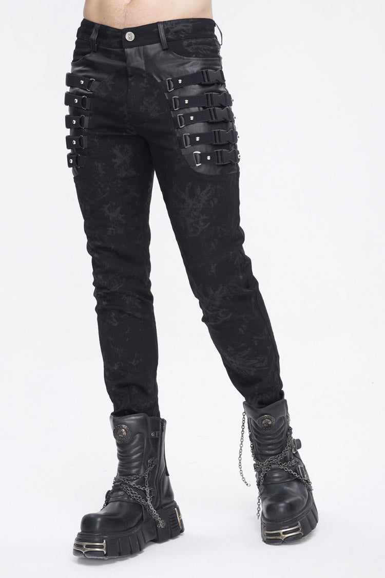 Black Multi Buckle Distressed  Print Men's Punk Pants