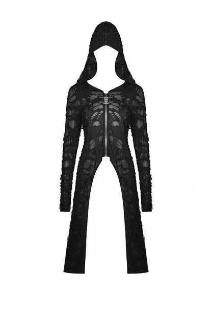 Black Long Sleeves Split Ripped Zippered Women's Punk Long Coat with Hood