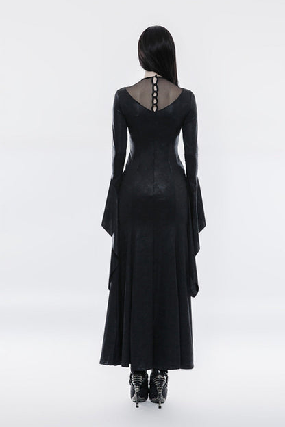 Black Long Trumpet Sleeves Embroidery Women's Gothic Gorgeous Open Forklift High Cross Dress