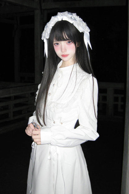 Apricot Stand Collar Long Sleeves Ruffled Lace-Up Mid-length Gothic Lolita Dress