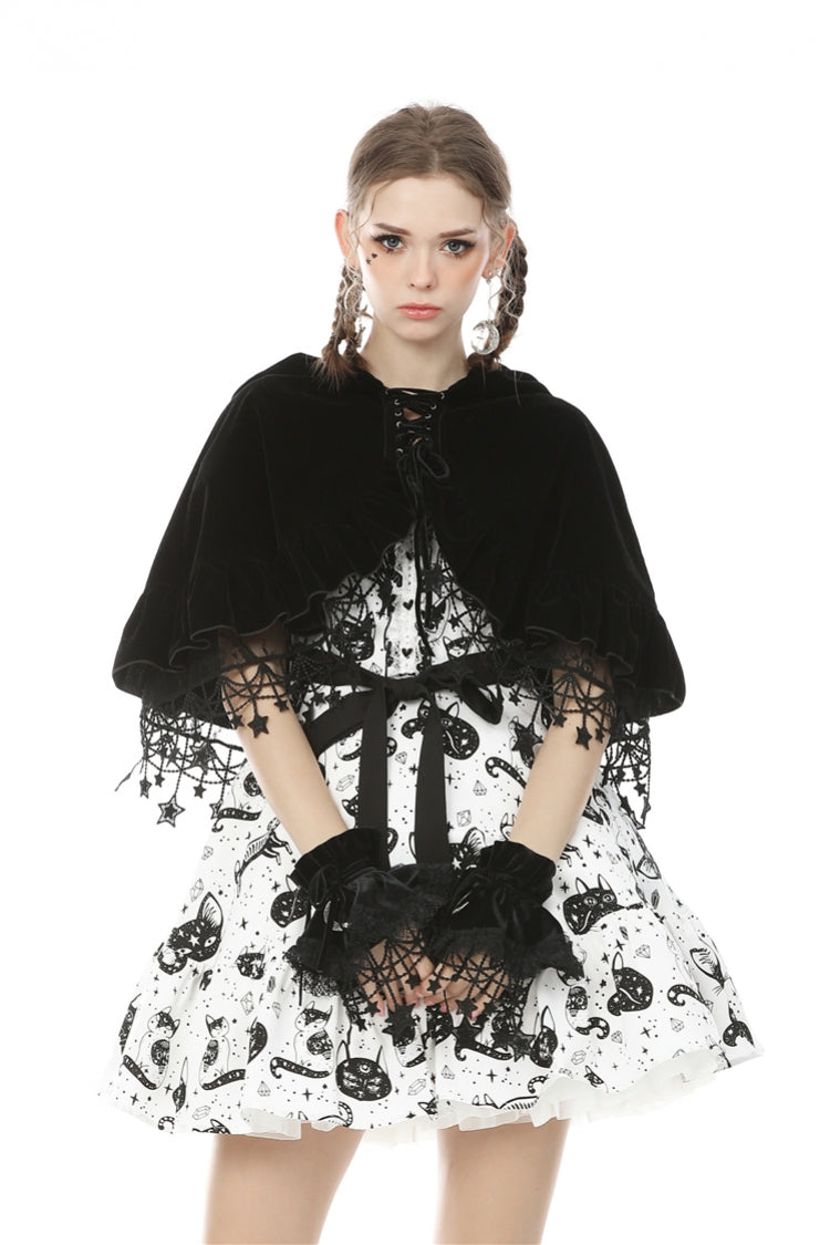 Black Lace-Up Women's Lolita Cat Ears Hooded Cape with Star Tassels