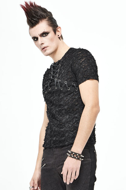 Black Broken Holes Thick Stripes Chest Lace-Up Knit Short Sleeve Men's Punk T-Shirt