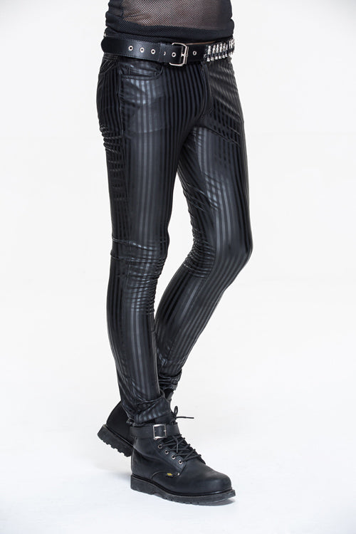 Black Autumn And Winter Vertical Stripes Elastic Punk Leather Mens Pants