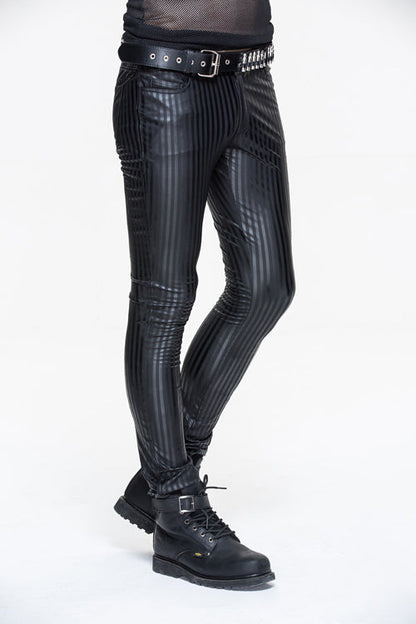Black Autumn And Winter Vertical Stripes Elastic Punk Leather Mens Pants