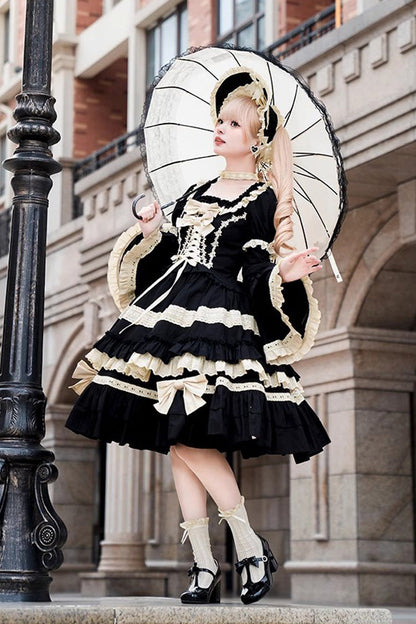 Black Chapter Seventh Night Short Sleeves Multi-layer Ruffle Bowknot Sweet Lolita Dress