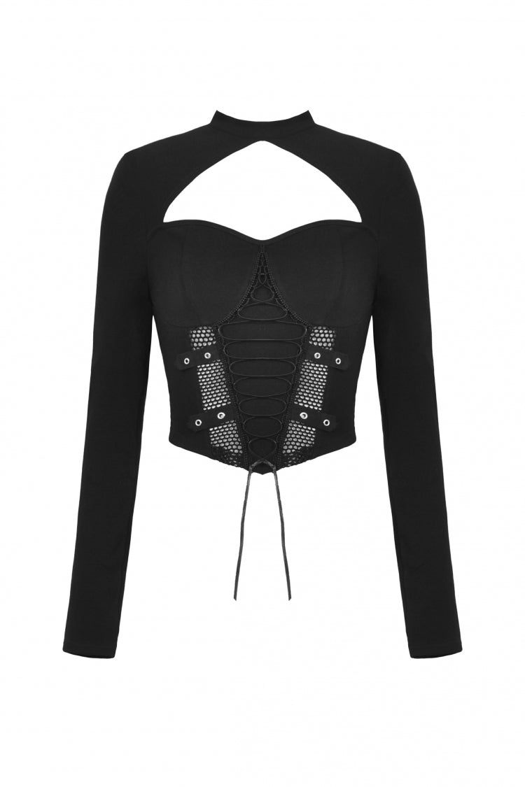 Black Long Sleeves Cut-Out Spliced Mesh Zippered Strappy Eyelet Women's Punk Crop Top