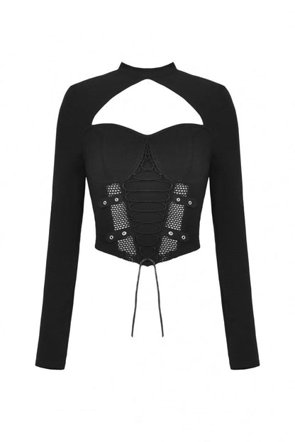 Black Long Sleeves Cut-Out Spliced Mesh Zippered Strappy Eyelet Women's Punk Crop Top