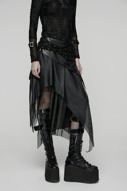Black Double-Layered Irregular Eyelet Women's Punk rregular Wasteland Skirt