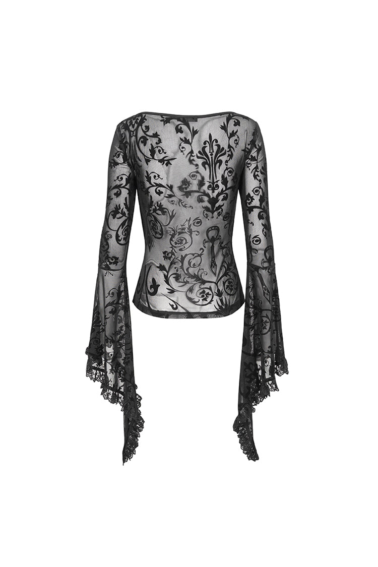 Black Plunging Flared Sleeved Mesh Splice Women's Punk Shirt