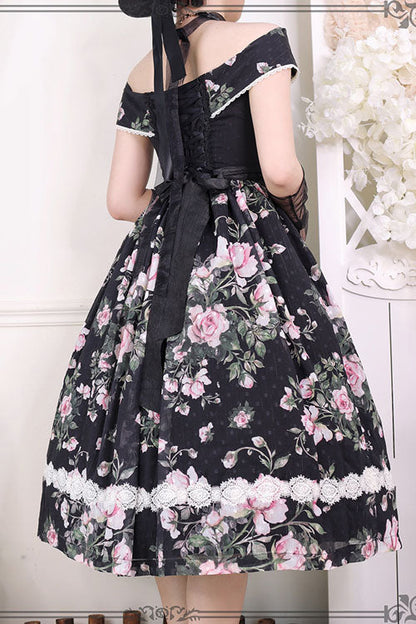 Black Elegant Vintage French Rose Floral Print V Collar Sleeveless Ruffled Classic Lolita JSK Dress